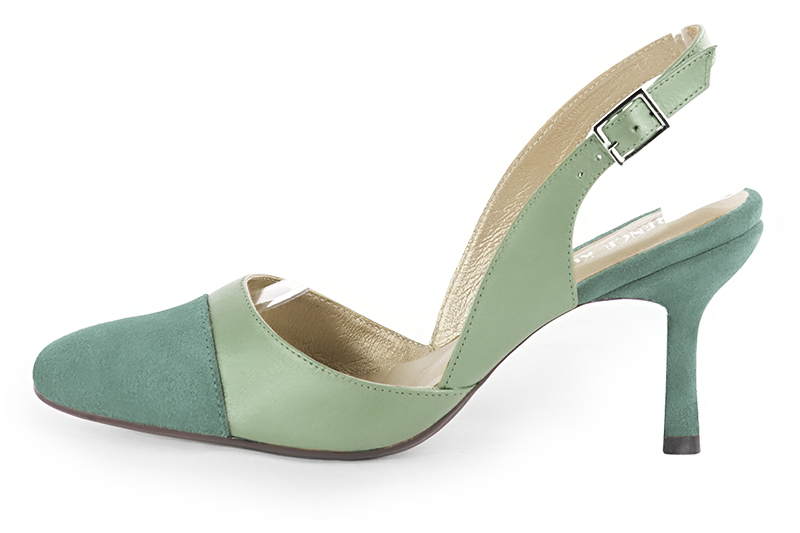 Mint green women's slingback shoes. Round toe. High slim heel. Profile view - Florence KOOIJMAN